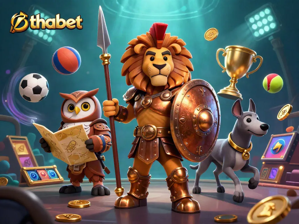 Experience thrilling gameplay at thabet with a Spartan lion, owl, and greyhound in a lively casino atmosphere.