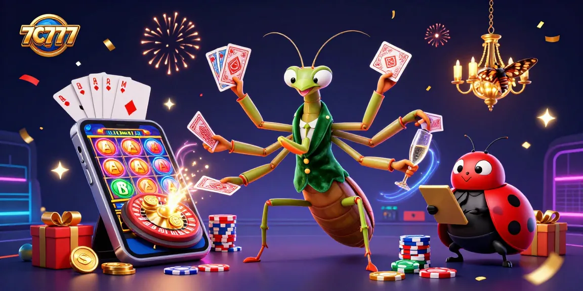 Experience thrilling wins with 7C777 in this vibrant casino scene featuring card games and jackpot excitement.