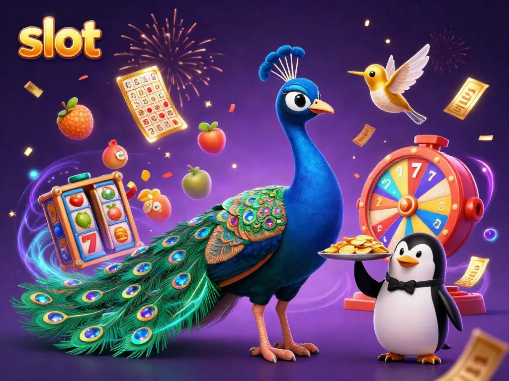 Engage in a vibrant world of slots with a peacock, butler penguin, and hummingbird in a festive casino scene.