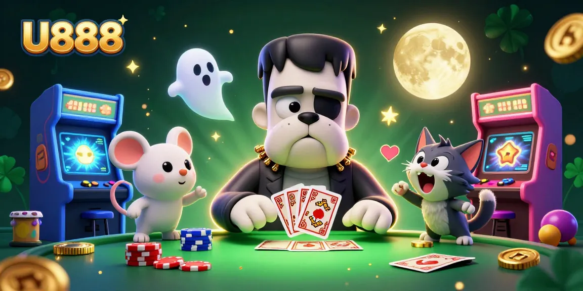 Experience thrilling gameplay with U888's dynamic casino scene featuring a whimsical Frankenstein bulldog.