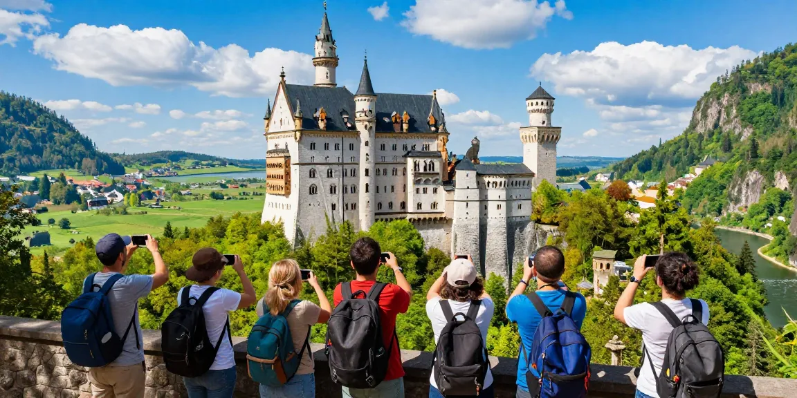 Besucher des Eltz Personal Schlosses im Grünen, eindrucksvolle Architektur und strahlender Himmel.
