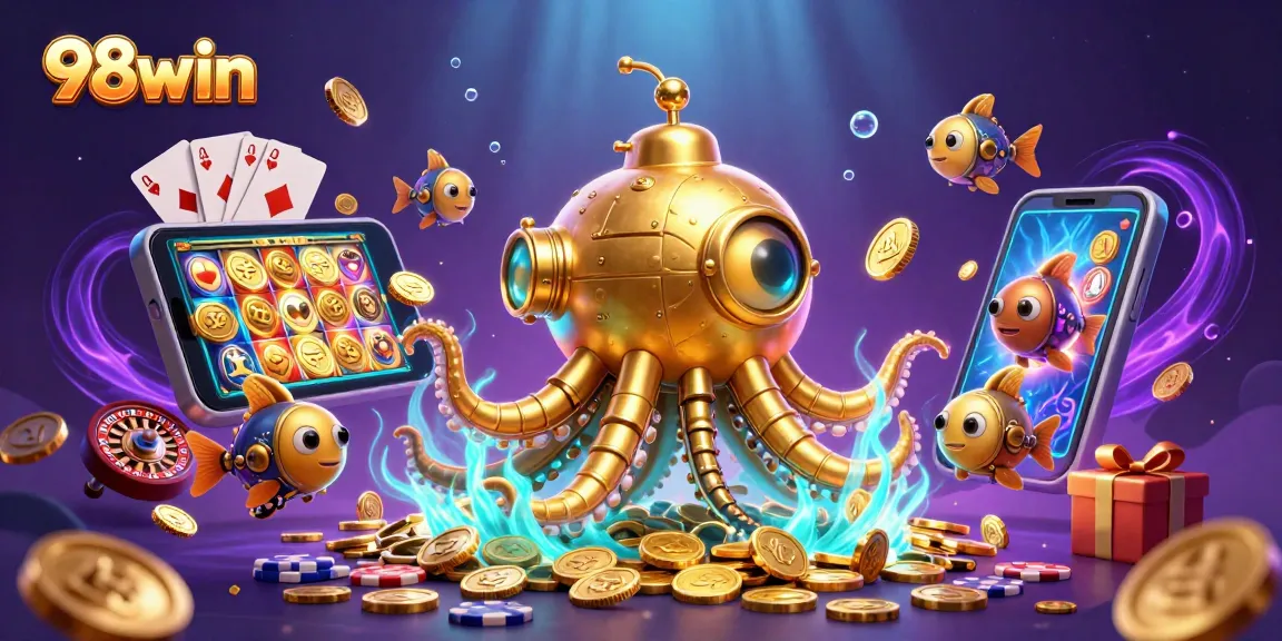 Experience winning at 98win with a golden kraken submarine emerging from coins amidst vibrant gaming elements.