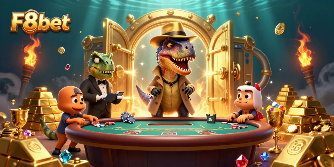 F8bet reveals a dynamic scene with a velociraptor card counter at a blackjack table, portraying playful casino action.