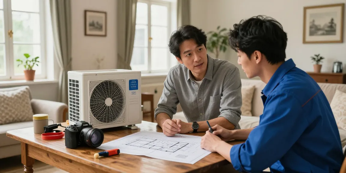 A homeowner exploring options for a wärmepumpe im altbau with a technician, featuring blueprints and tools in a vintage living room during a home renovation.