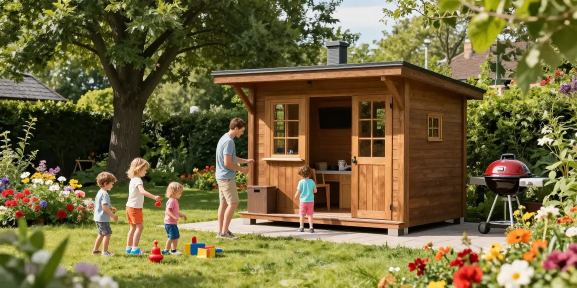 Gemütliche Familienszene im Garten mit einem neuen Gartenhaus, Spielzeug und blühenden Blumen.