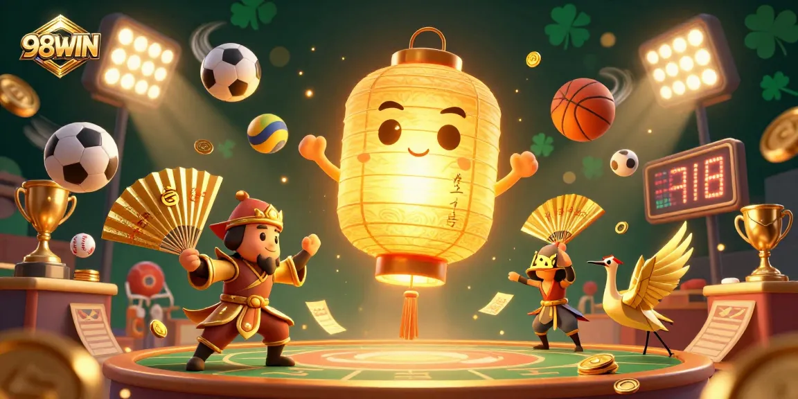 Engage with the vibrant world of 98WIN through this dynamic 3D casino illustration featuring an energetic scene with lucky symbols and sports betting elements.