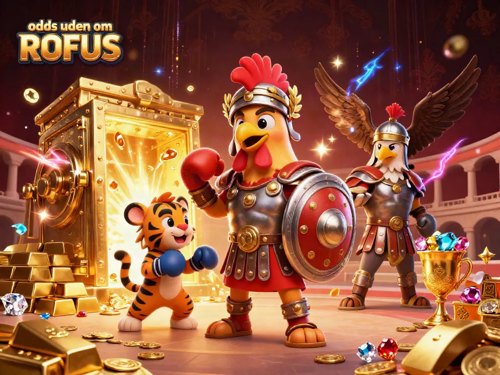 Engage with odds uden om ROFUS as a gladiator rooster battles with treasures in a vibrant 3D illustration.