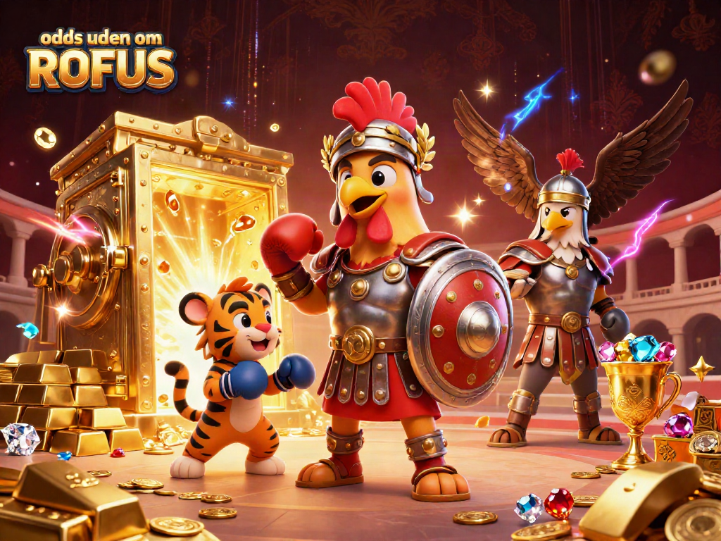 Engage with odds uden om ROFUS as a gladiator rooster battles with treasures in a vibrant 3D illustration.