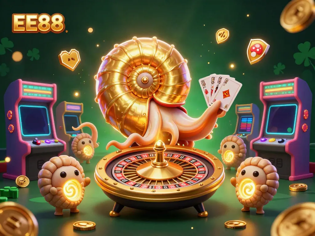 Spin the EE88 roulette wheel while enjoying colorful 3D arcade games and golden treasures.
