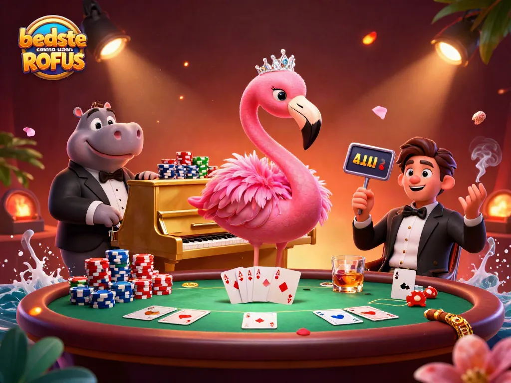 Engage with the vibrant scene at bedste casino uden ROFUS showcasing a lively flamingo on piano.