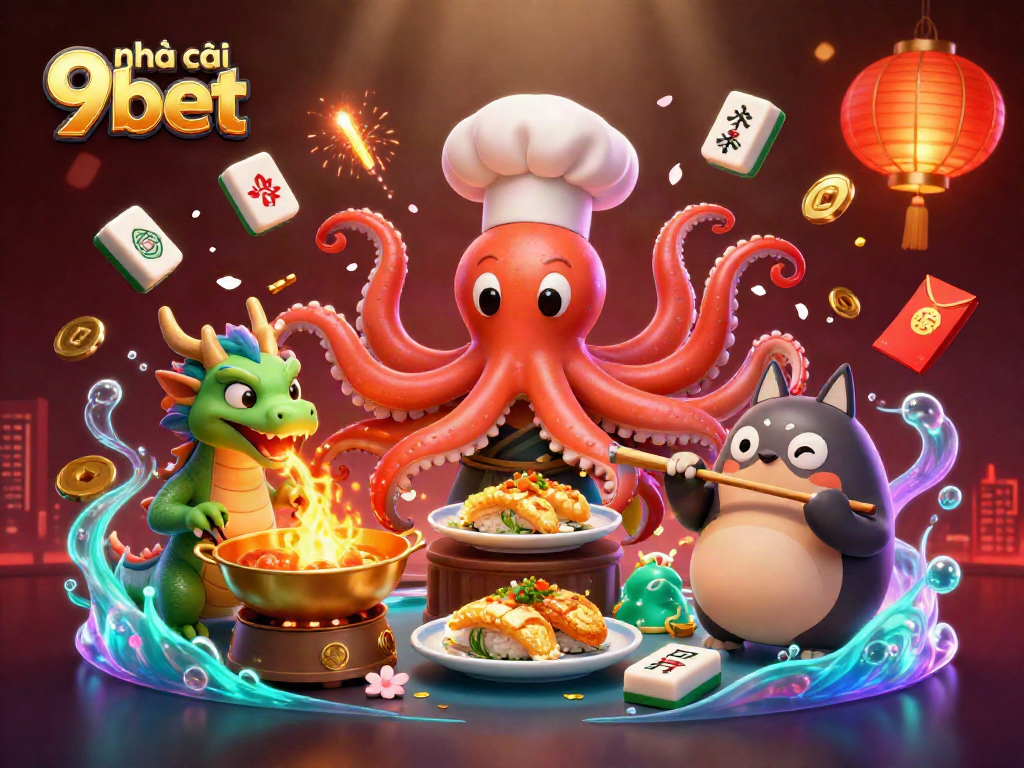 Engaging scene of nhà cái 9bet showcasing dynamic characters like a sushi chef octopus and a green dragon among gambling elements, enhancing betting excitement.