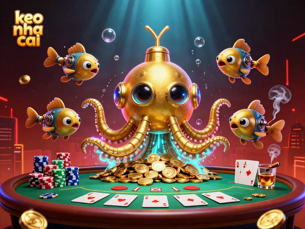 Betting strategies with keo nha cai using a golden kraken submarine and poker elements in action.