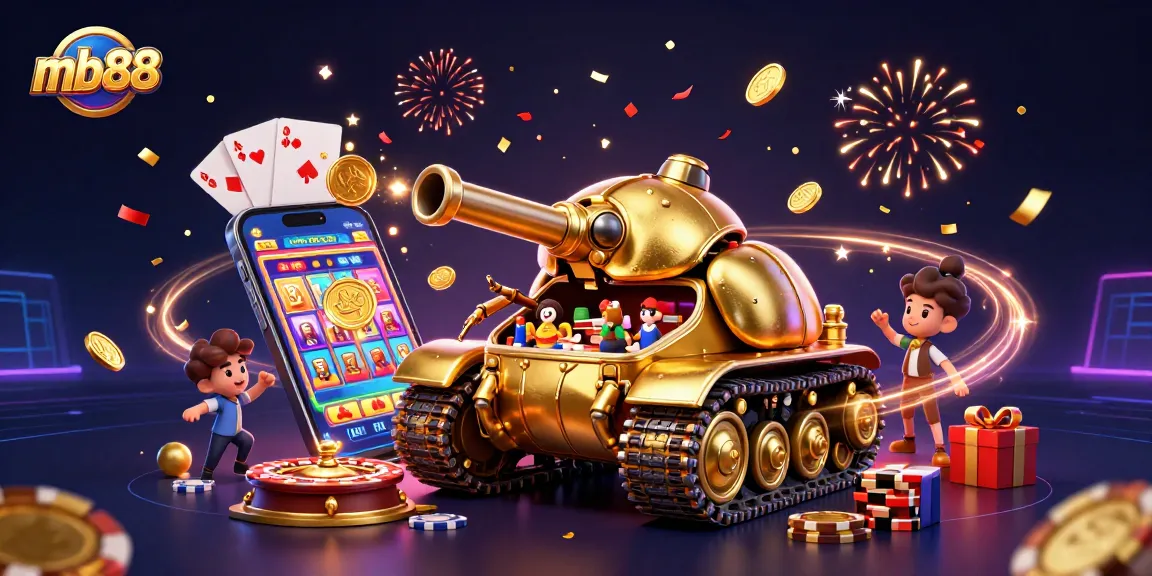 Experience winning with mb88, where a massive golden beetle tank opens into a vibrant casino scene.