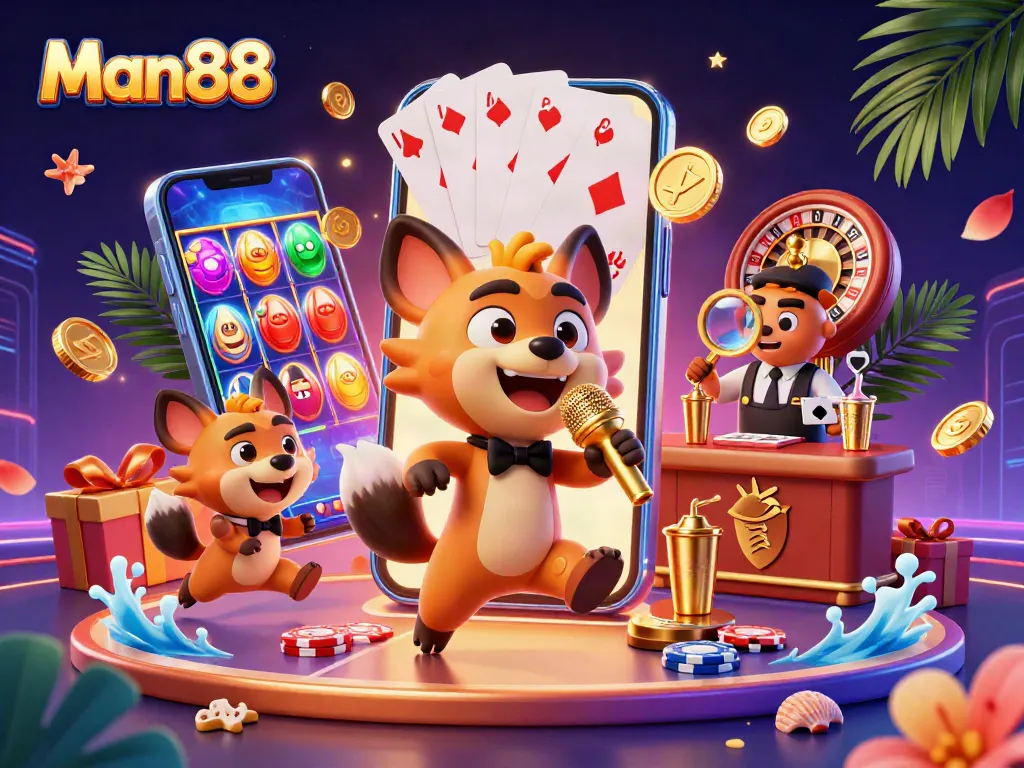 Experience the excitement of Man88 with lively hyenas entertaining in a vibrant casino setting.