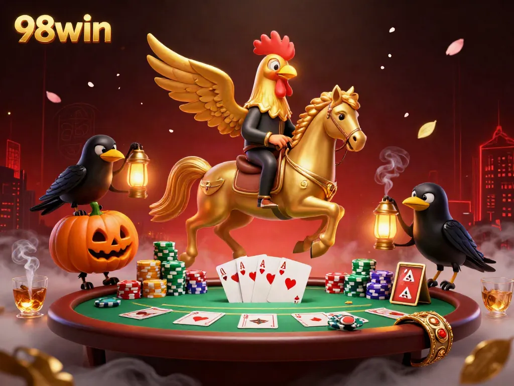 Experience the thrill of 98win in a vibrant casino scene featuring a golden rooster headless horseman and playful pumpkin crows.