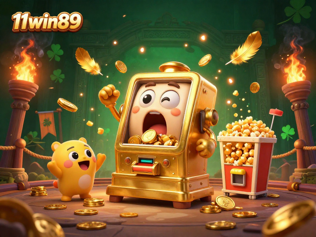 11win89 slot machine celebrates a jackpot victory with gold coins cascading while baby slots cheer in festive ambiance.
