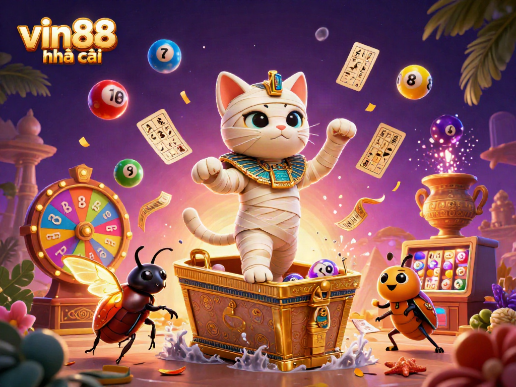 Engage with thrilling action at vin88 nhà cái as the Egyptian mummy cat bursts forth in a vibrant casino scene.