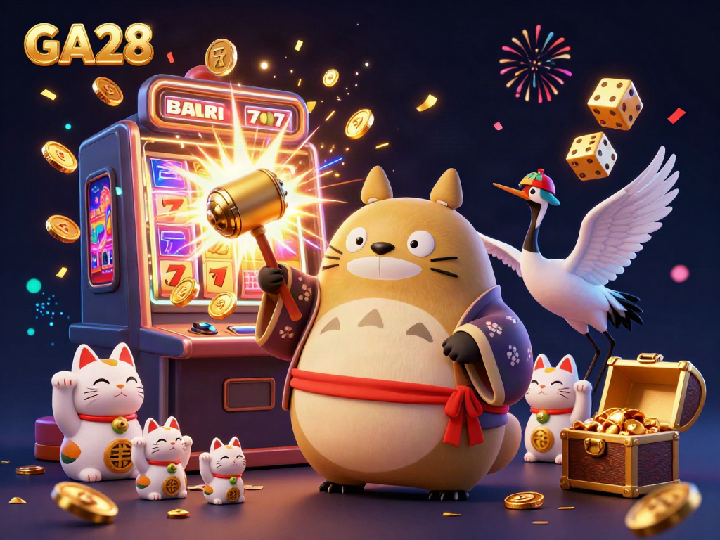 Engage with GA28's vibrant casino themes featuring a lucky tanuki, games, and a jackpot explosion.