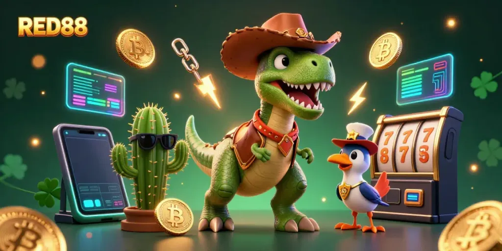 Experience thrilling slots action with RED88 in this vibrant 3D cartoon gaming scene.