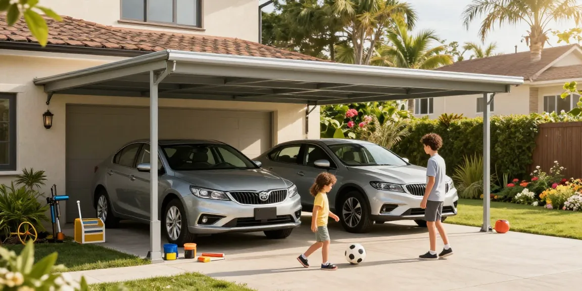 Moderne Carport-Installation, Familie genießt sonnigen Nachmittag mit Gartenaktivitäten.