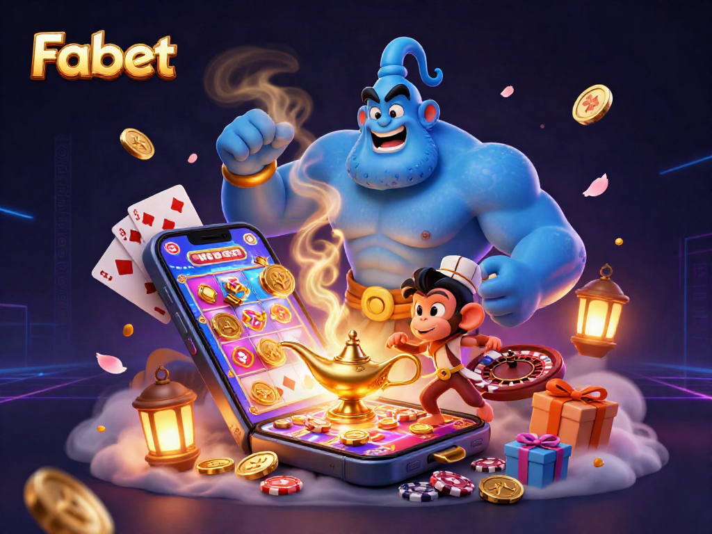 Engage with Fabet's vibrant gambling scene featuring a blue genie, gold coins, and poker chips.