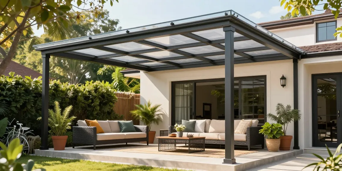 Eine moderne freistehende Terrassenüberdachung mit gemütlicher Sitzecke im Garten.