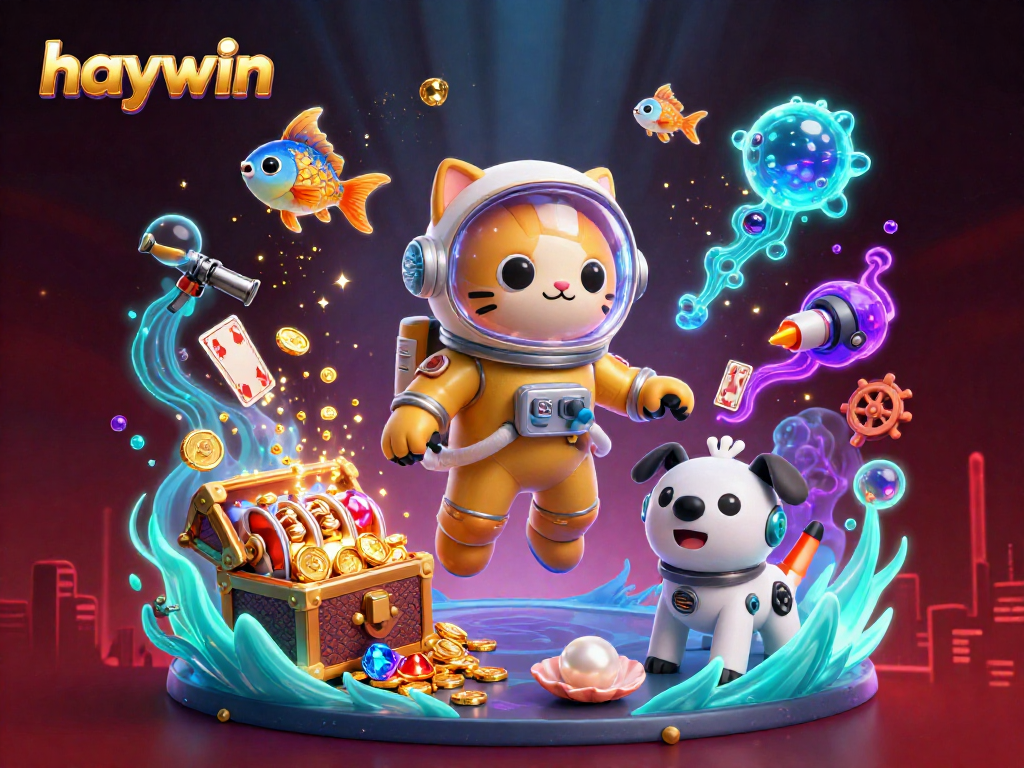 Experience the thrill of haywin with a dynamic underwater casino scene featuring an astronaut cat and a robot dog.