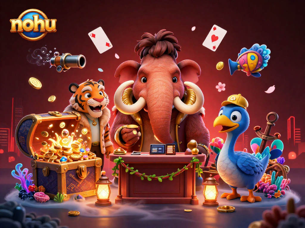 Nohu captures an exciting casino scene with vibrant characters and bursting treasures.