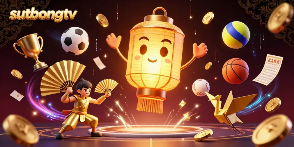 Sutbongtv offers dynamic sports betting with an energized atmosphere filled with sports balls and gold elements.