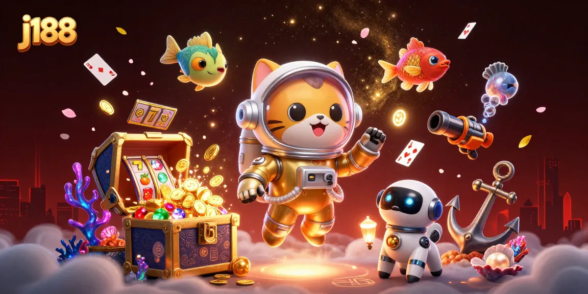 j188 slots fun with a 3D cartoon space astronaut cat, robot dog, and vibrant game elements