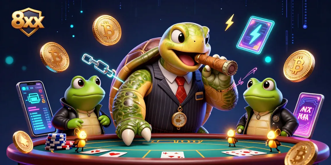 Engage with the vibrant universe of 8xx, where a snapping turtle in casino fashion oversees poker strategies with crypto flair.