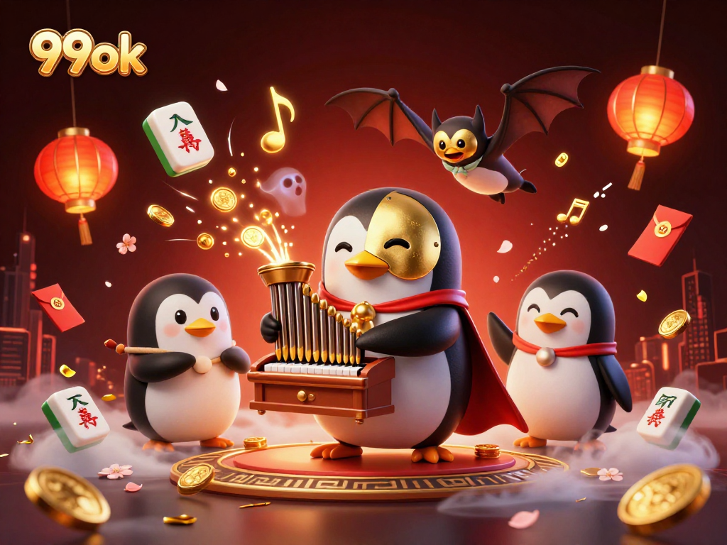 Engage with the vibrant 99ok casino scene featuring a penguin and acrobat, winning coins!