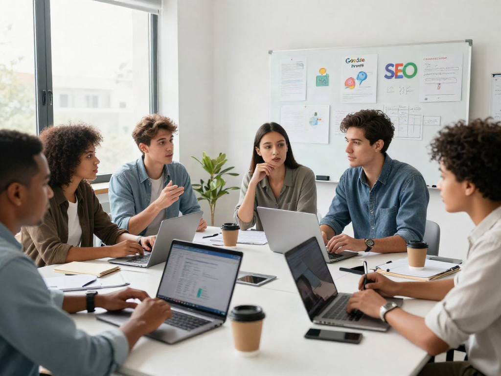 People collaborating in a digital workspace discussing rokok88 and Google algorithm updates.