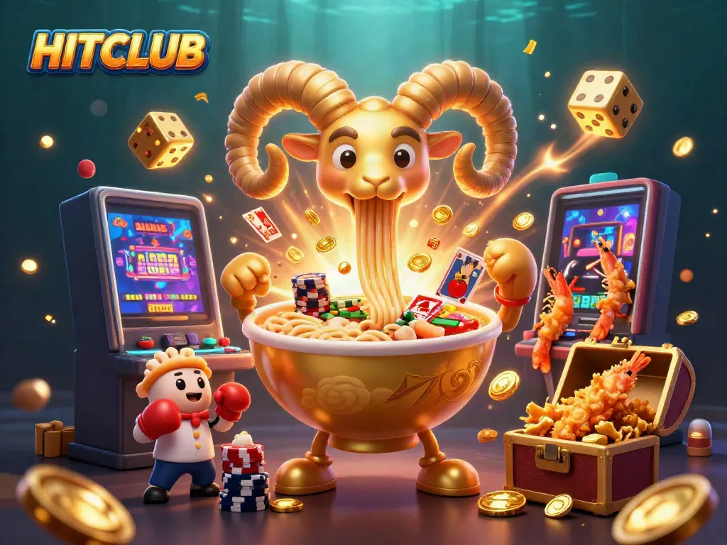 Engaging HITCLUB scene with a giant golden ramen bowl dealing cards, surrounded by festive casino elements.