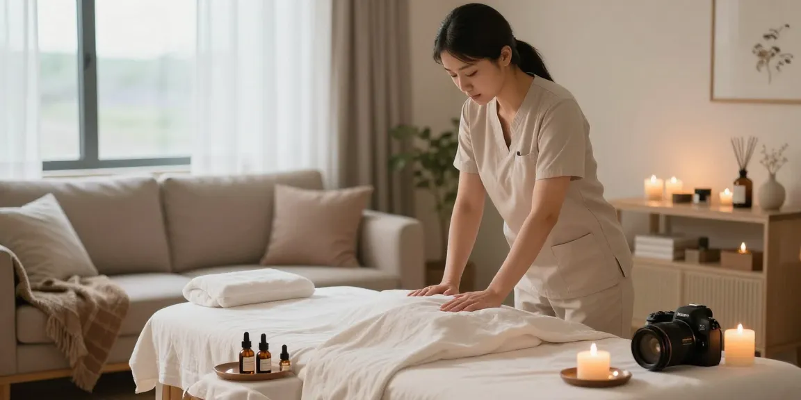 Experience soothing 동탄출장안마 services in a serene home environment with a professional therapist setting up.