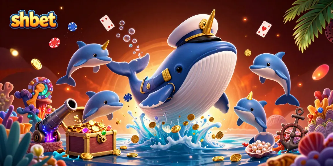 Experience thrilling gaming with shbet’s cartoon whale and vibrant sea elements amidst coins and poker chips.