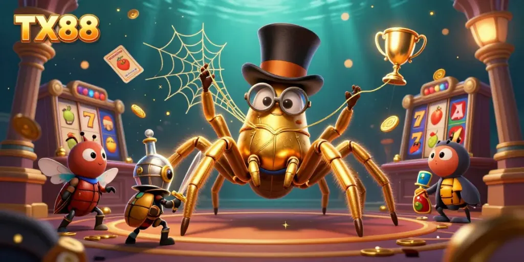 Experience thrilling moments at TX88 with a vibrant 3D casino illustration featuring a golden tarantula and beetle knight.