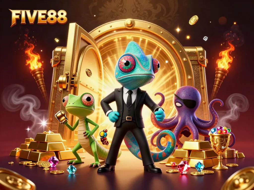 Experience the thrill of FIVE88 with a vibrant casino showdown featuring a chameleon, gecko, and octopus amidst treasures.