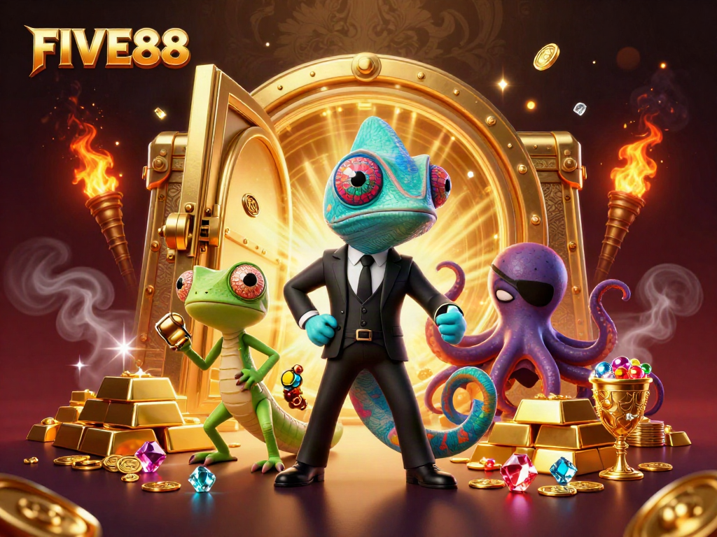 Experience the thrill of FIVE88 with a vibrant casino showdown featuring a chameleon, gecko, and octopus amidst treasures.