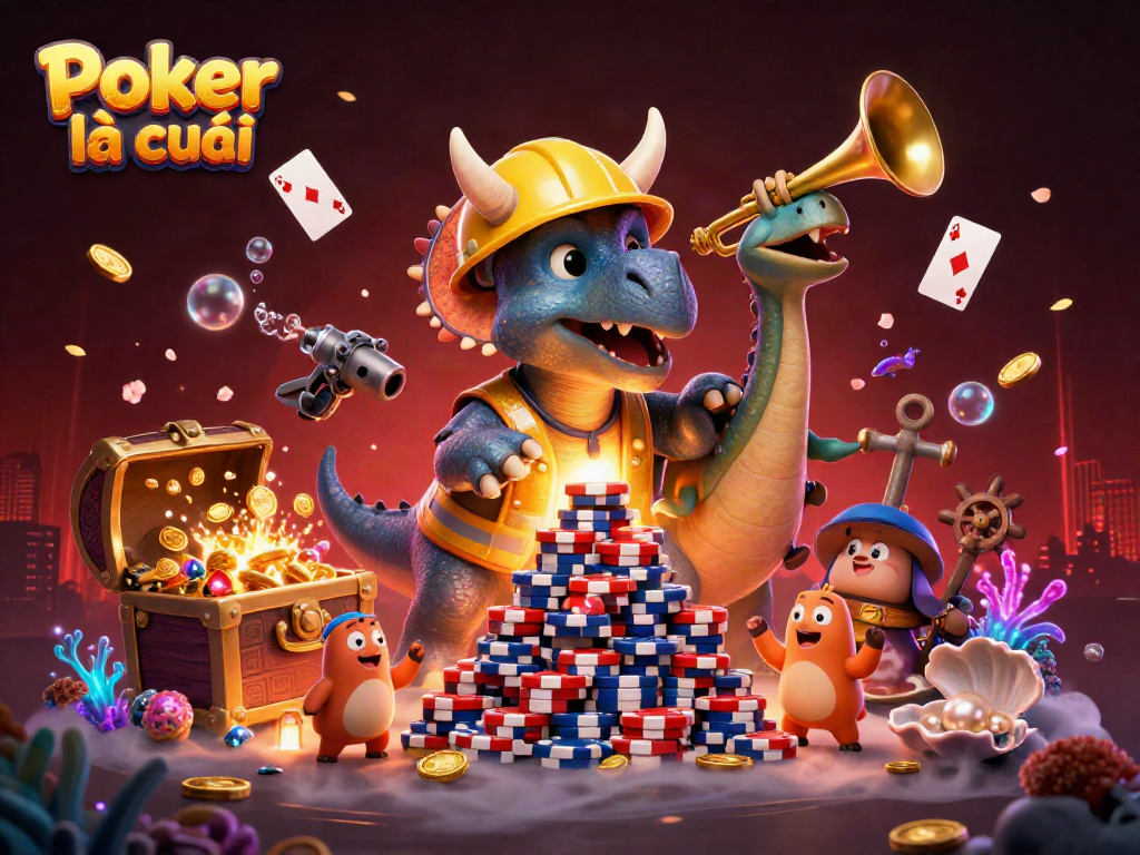 Engage with Poker là gì, the vibrant world of poker illustrated with celebrating dinosaurs and dynamic game elements.