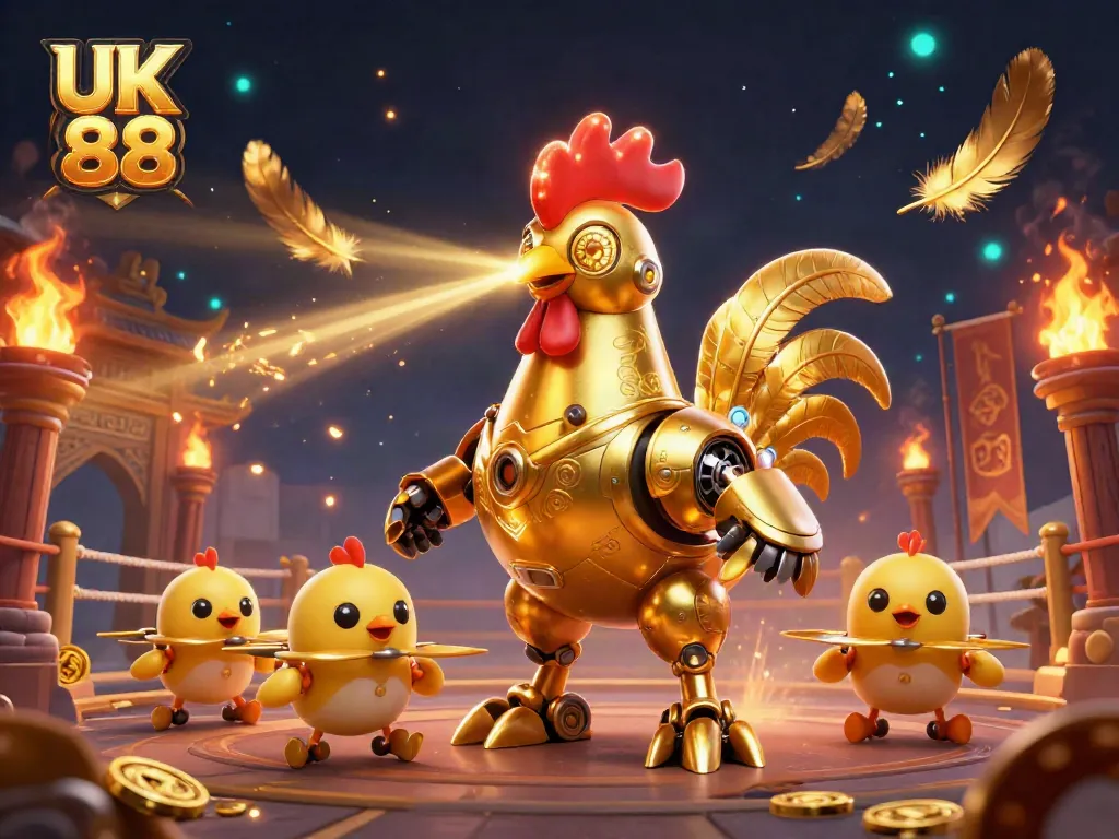 Engage in thrilling gameplay with UK 88, showcased in a dynamic 3D casino illustration featuring a golden rooster robot and baby chick drones.