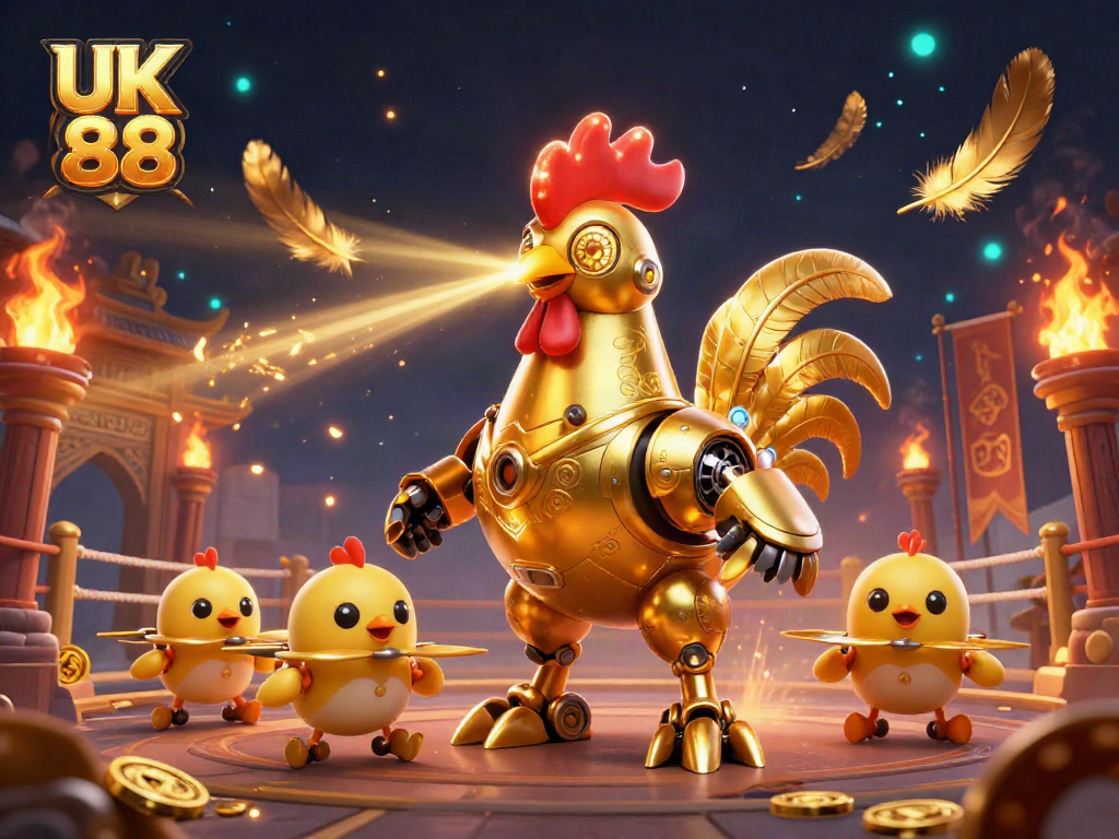 Engage in thrilling gameplay with UK 88, showcased in a dynamic 3D casino illustration featuring a golden rooster robot and baby chick drones.