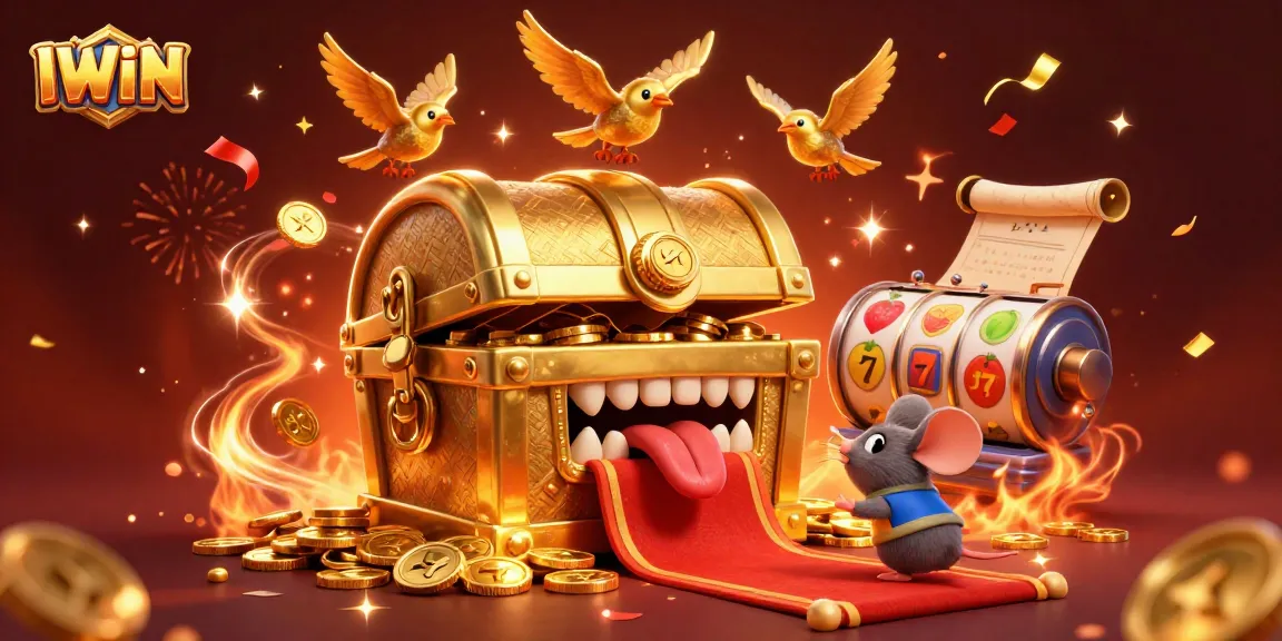 IWIN offers a colorful casino experience with animated slot reels and treasure chest, attracting adventurous players.