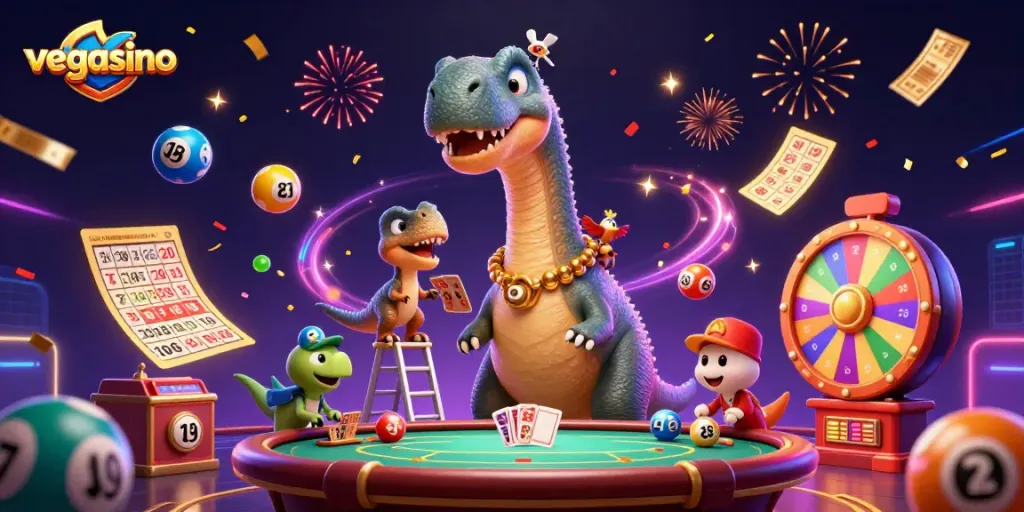 Engage with vegasino in a vibrant animated casino scene featuring whimsical characters and games.