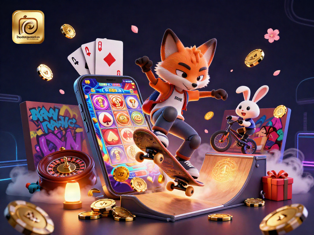 Deutsche Instagram Likes kaufen und Spaß mit einem Skateboarder-Fuchs und BMX-Hasen in einer Casino-Welt erleben.