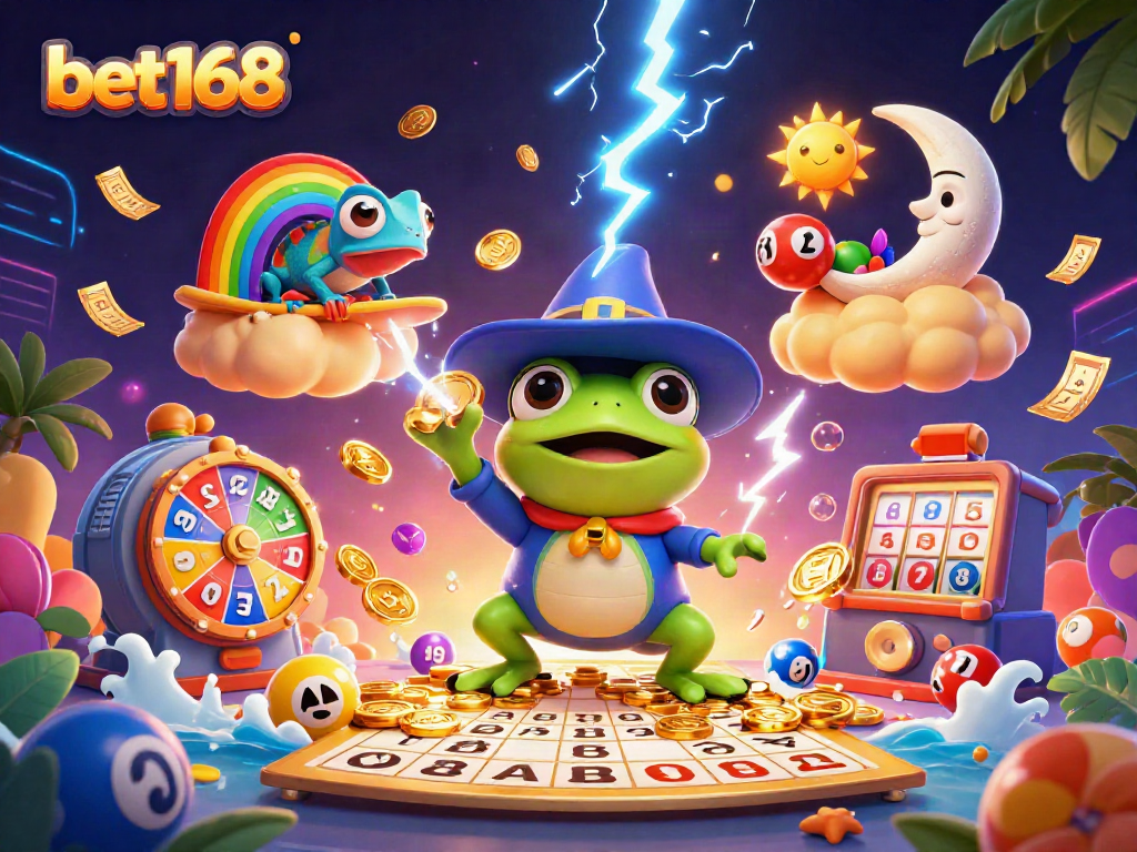 Experience the magic of bet168 as a wizard frog creates a whirlwind of golden coins amidst vibrant casino elements.