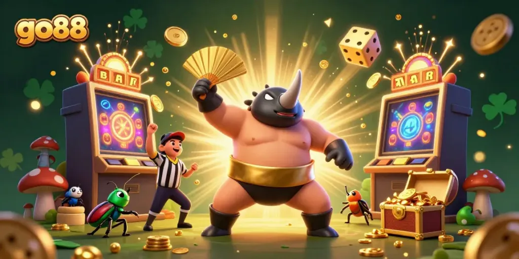 Experience thrilling wins with go88 as a sumo beetle champion celebrates a jackpot explosion!