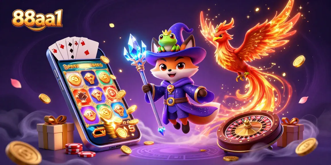 Spin to win at 88aa1 with an enchanting casino scene featuring a wizard fox and vibrant game elements.