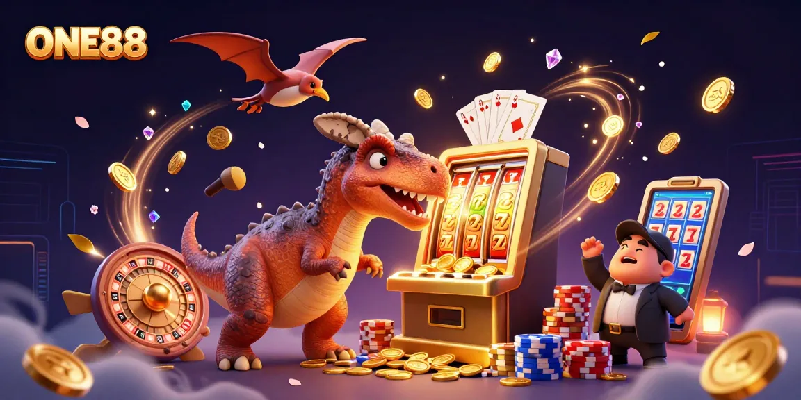 ONE88 offers thrilling jackpot action with a 3D pachycephalosaurus and casino elements.
