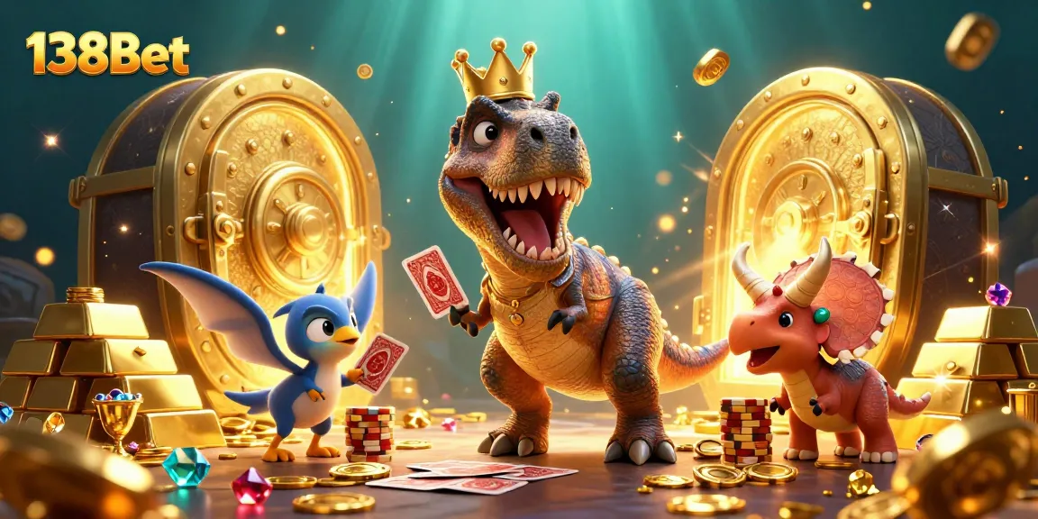 Join the fun at 138Bet with our friendly characters playing cards and stacking chips amidst dazzling treasures.